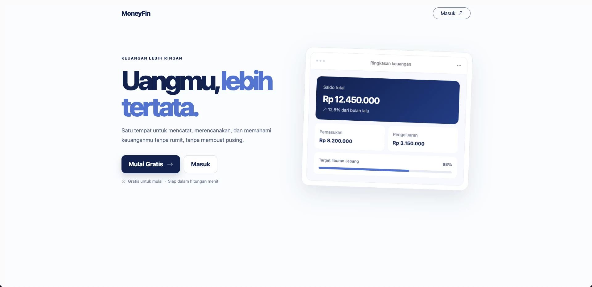 Tampilan landing page MoneyFin