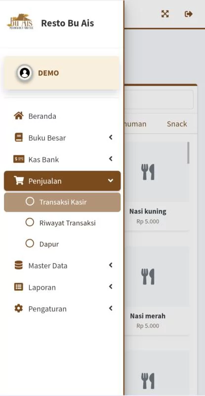 Tampilan menu POS Resto Bu Ais
