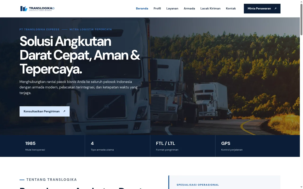 Tampilan landing page TransLogika Logistics