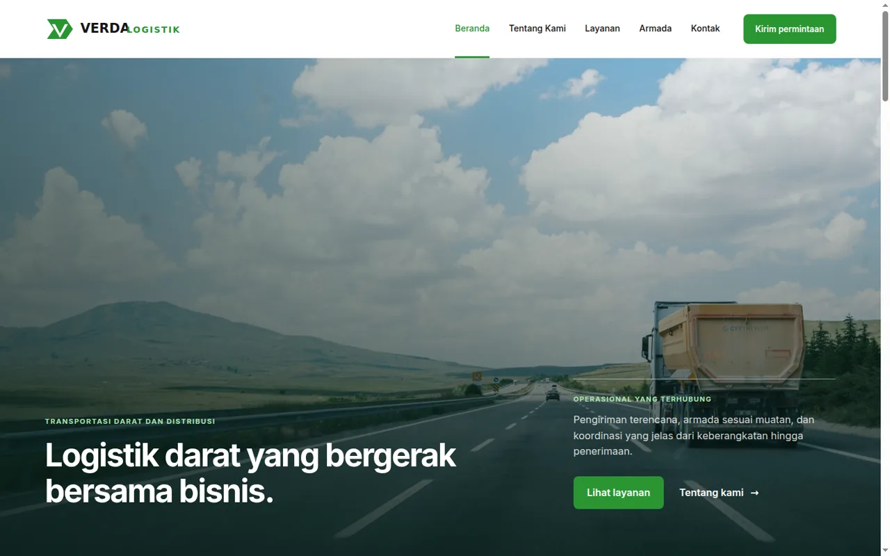 Tampilan landing page Verda Logistik